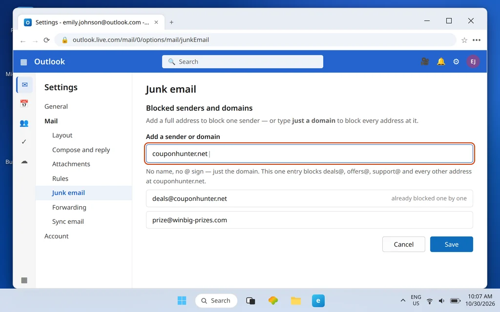 Outlook.com Blocked senders and domains settings with a whole domain typed into the Add box instead of a full email address