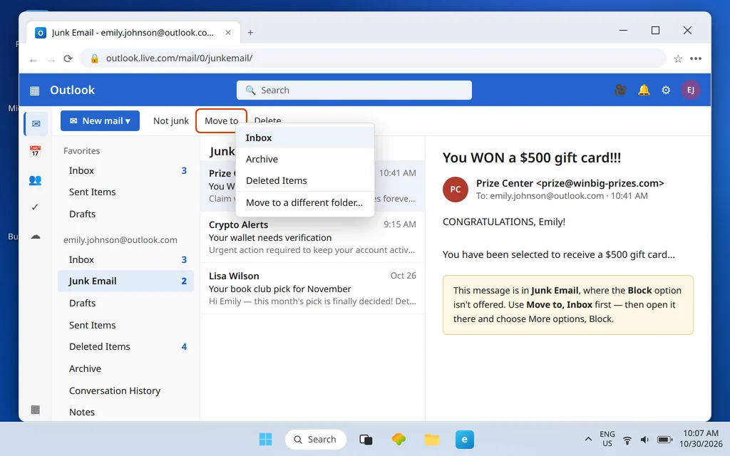 Outlook.com Junk Email folder with a message selected and Move to Inbox highlighted, the fix when the Block option is missing in Junk