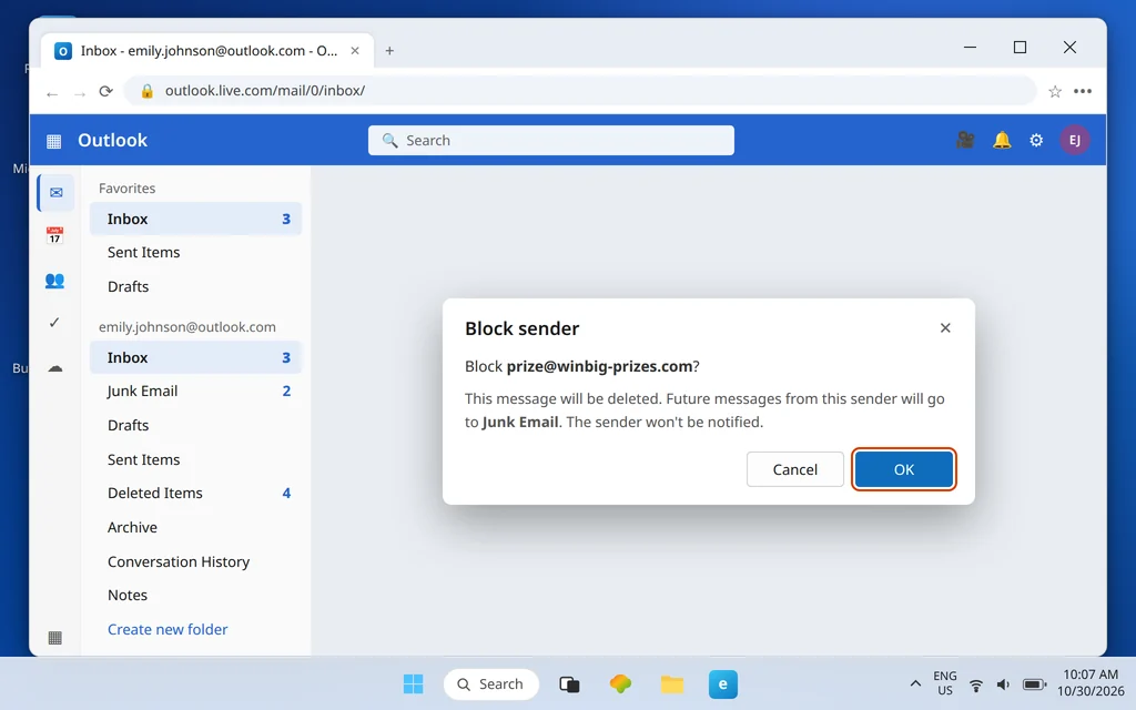 Outlook.com Block sender confirmation dialog explaining that future messages from this sender will go to Junk Email