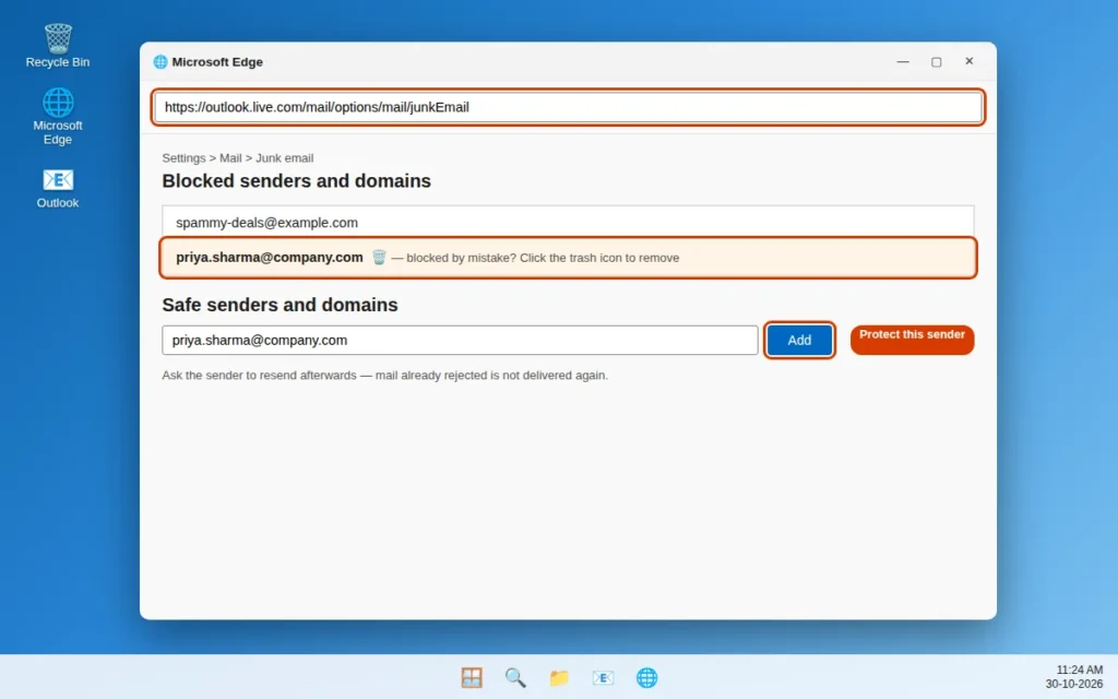 Blocked senders and Safe senders lists in Outlook on the web Junk email settings