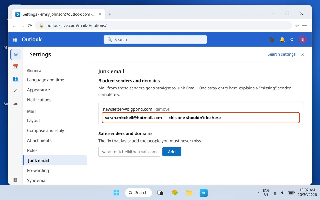Outlook.com Junk email settings showing an important sender wrongly on the Blocked list and the Safe senders list below