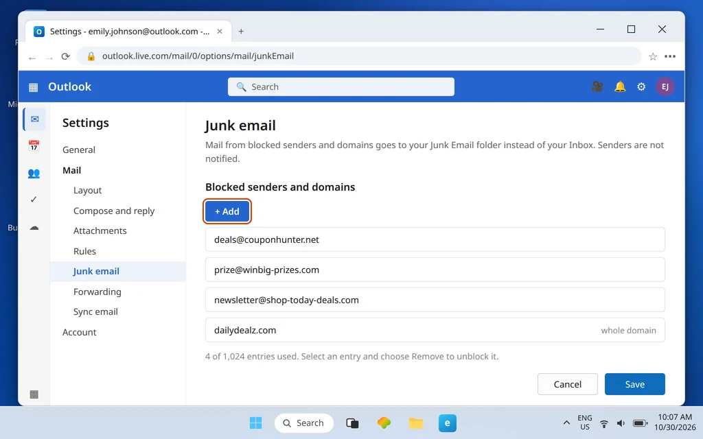 Outlook.com Settings Mail Junk email page showing the Blocked senders and domains list with the Add option