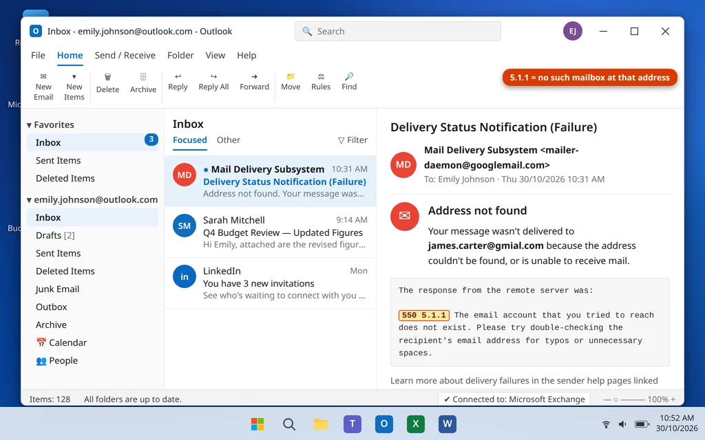 Delivery failure message in Outlook showing 550 5.1.1 user unknown for a mailbox that does not exist