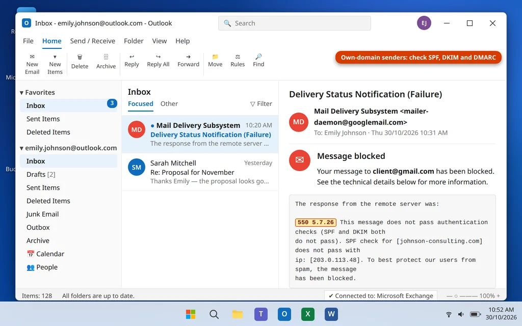 Bounce message in Outlook showing 550 5.7.26 authentication checks failed for SPF and DKIM