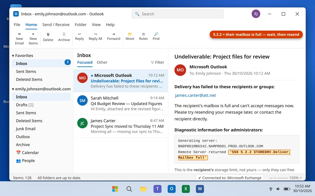Bounce message in Outlook showing 550 5.2.2 mailbox full error for the recipient