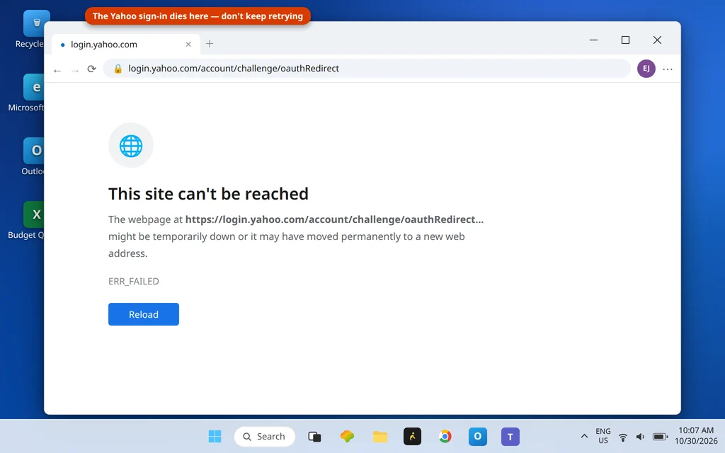 Browser window showing This site cant be reached ERR_FAILED on the oauthRedirect address during Yahoo sign-in