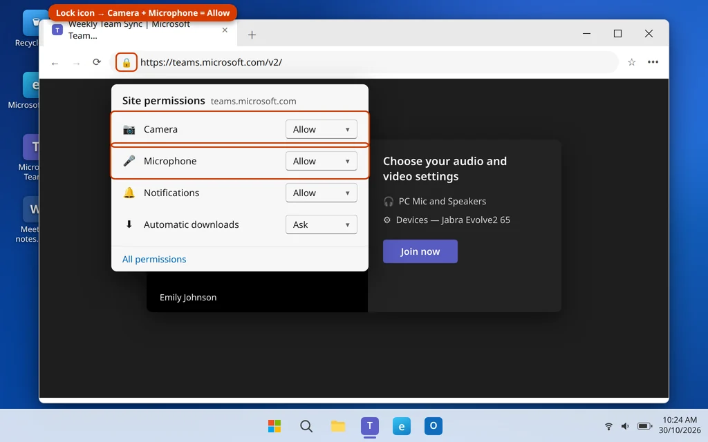 Browser site permissions for teams.microsoft.com with Camera and Microphone set to Allow