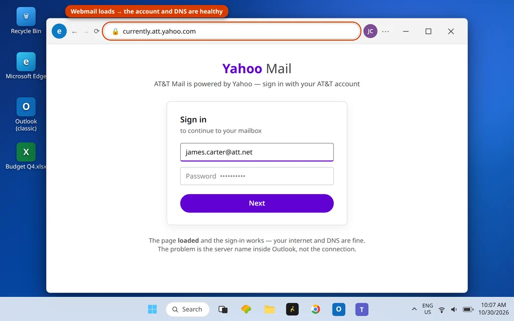 Webmail sign-in page loading normally in the browser, proving the internet and DNS work