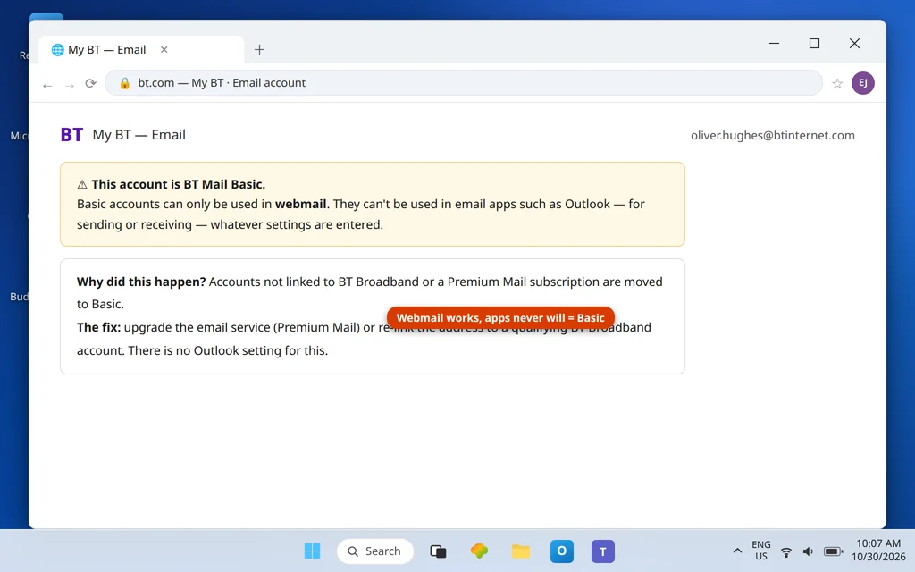 BT email account page showing the account is BT Mail Basic which is webmail only and cannot be used in Outlook or other email apps