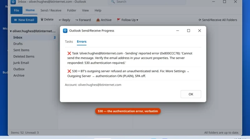 Classic Outlook Send Receive error showing the 530 authentication required error for the BT account when sending