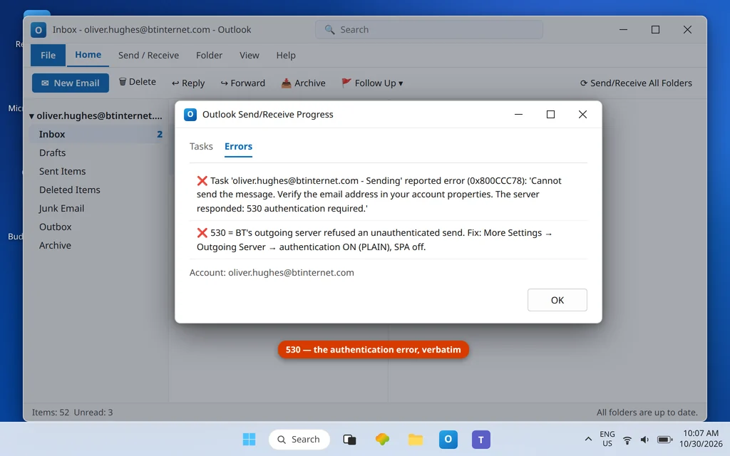 Classic Outlook Send Receive error showing the 530 authentication required error for the BT account when sending