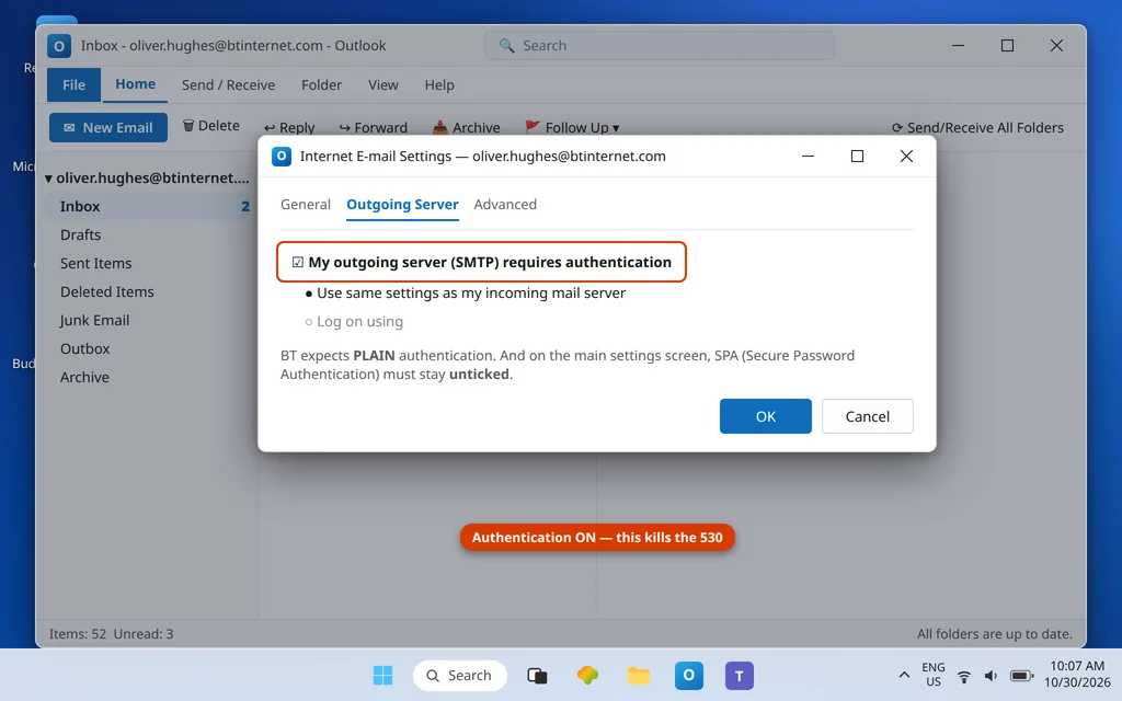 Outlook More Settings Outgoing Server tab with authentication enabled for the BT account so the 530 error clears