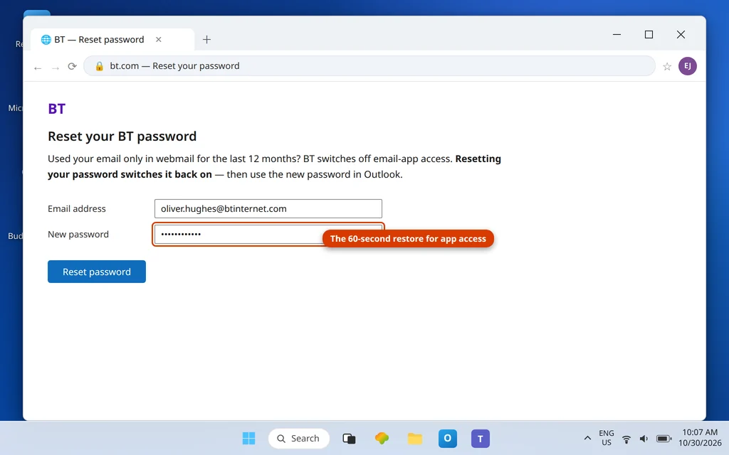 BT website password reset page used to restore email client access after twelve months of webmail only use