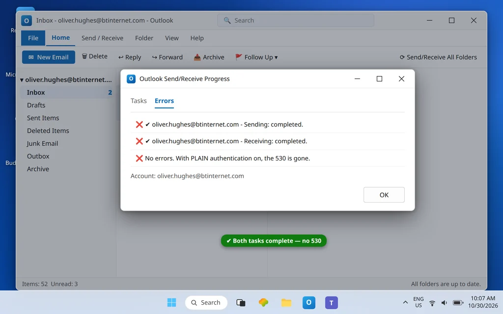 Outlook Send Receive progress for the BT account completing both tasks without errors after the authentication fix