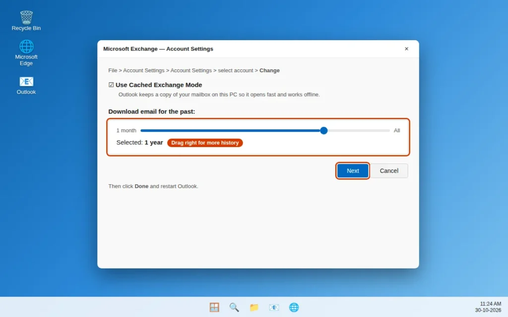 Cached Exchange Mode settings with the Download email for the past slider in Classic Outlook