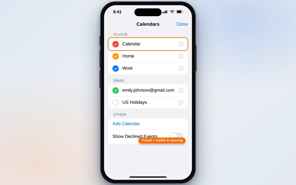 Calendars list in the iPhone Calendar app with iCloud and Gmail calendars checked