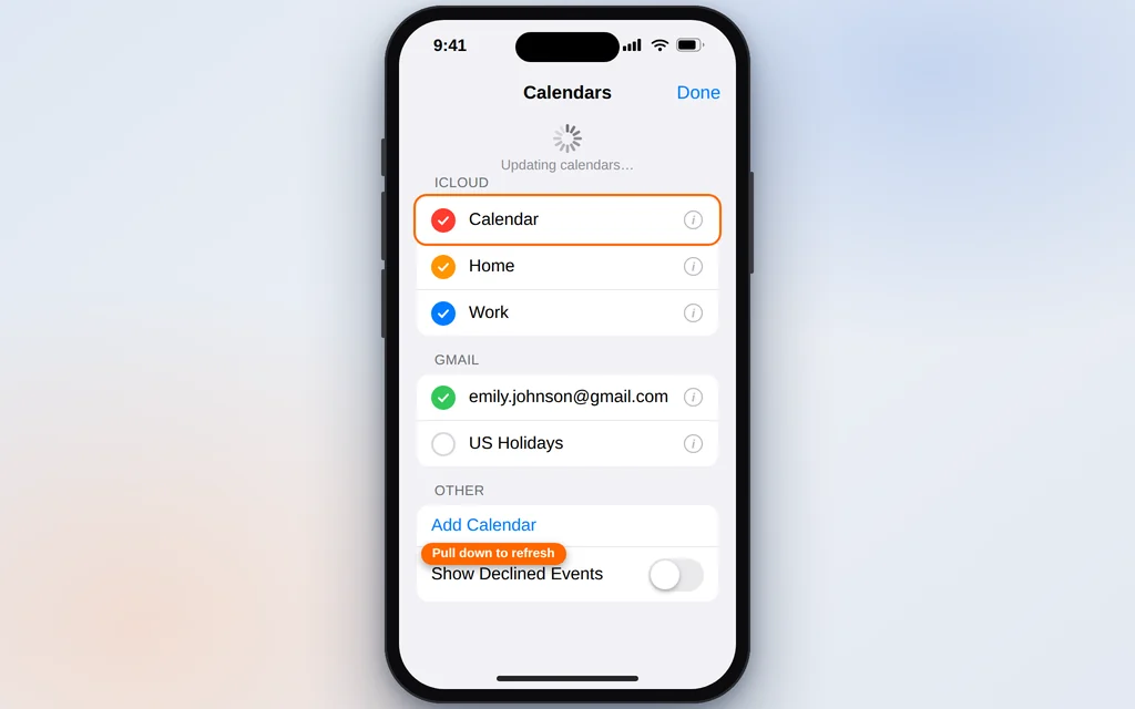 Pulling down the Calendars list in the iPhone Calendar app to refresh sync