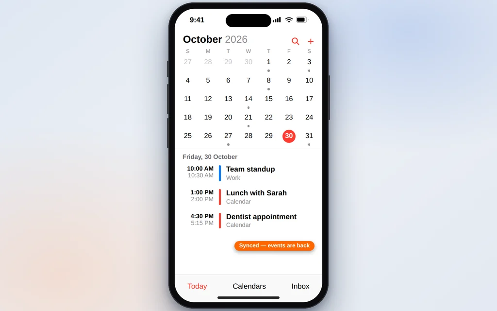 iPhone Calendar app showing events syncing and appearing again