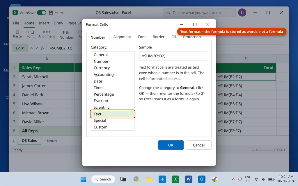 Format Cells dialog with Text selected, which makes Excel store a formula as text
