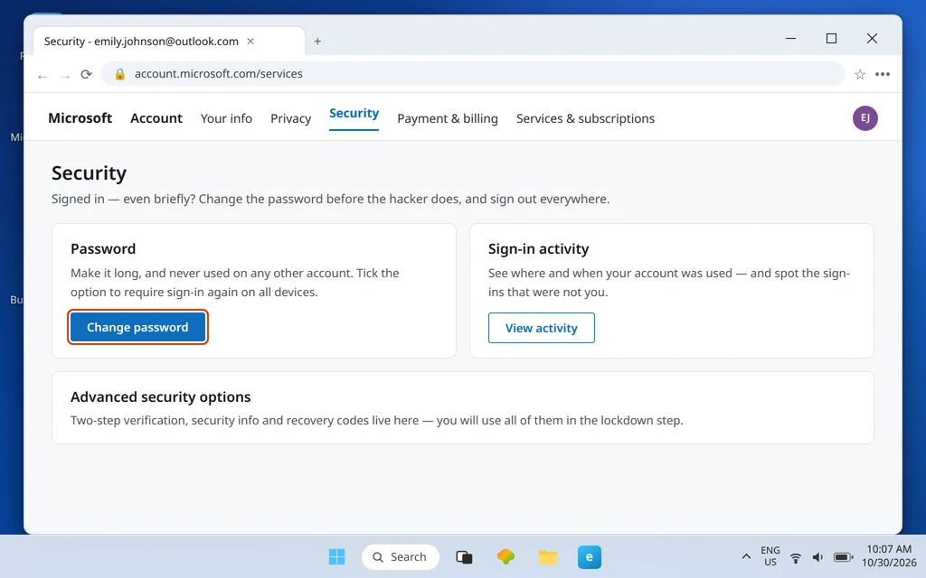 Microsoft account Security page with Change password highlighted for an account that is still signed in
