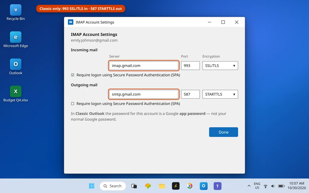 Classic Outlook manual account settings showing imap.gmail.com 993 SSL/TLS and smtp.gmail.com 587 STARTTLS