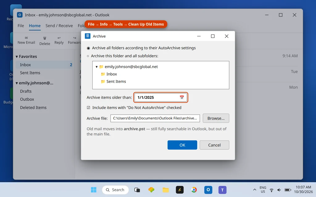 Outlook Clean Up Old Items archive dialog with archive items older than a chosen date