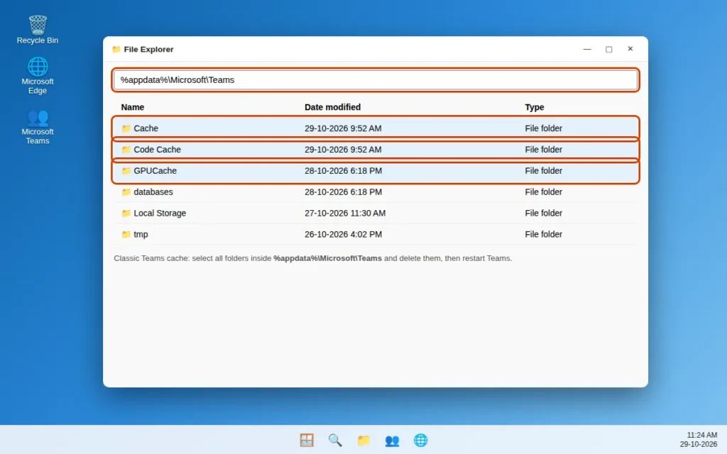 Classic Teams cache folders inside %appdata% Microsoft Teams in File Explorer