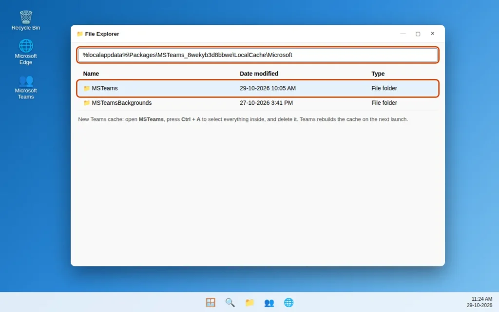 New Teams cache folder at %localappdata% Packages MSTeams LocalCache in File Explorer