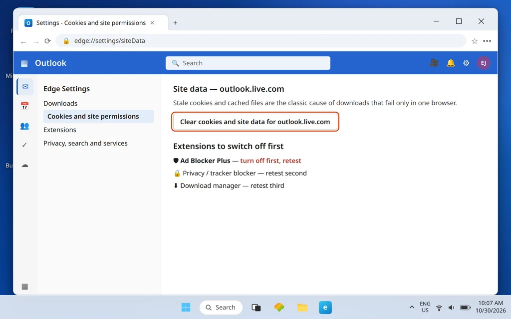 Browser settings showing site data for outlook.live.com ready to clear and an ad blocker extension highlighted to disable first