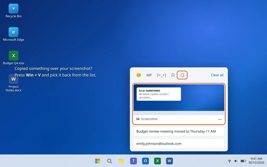 Clipboard history with Windows key plus V showing a saved screenshot ready to paste