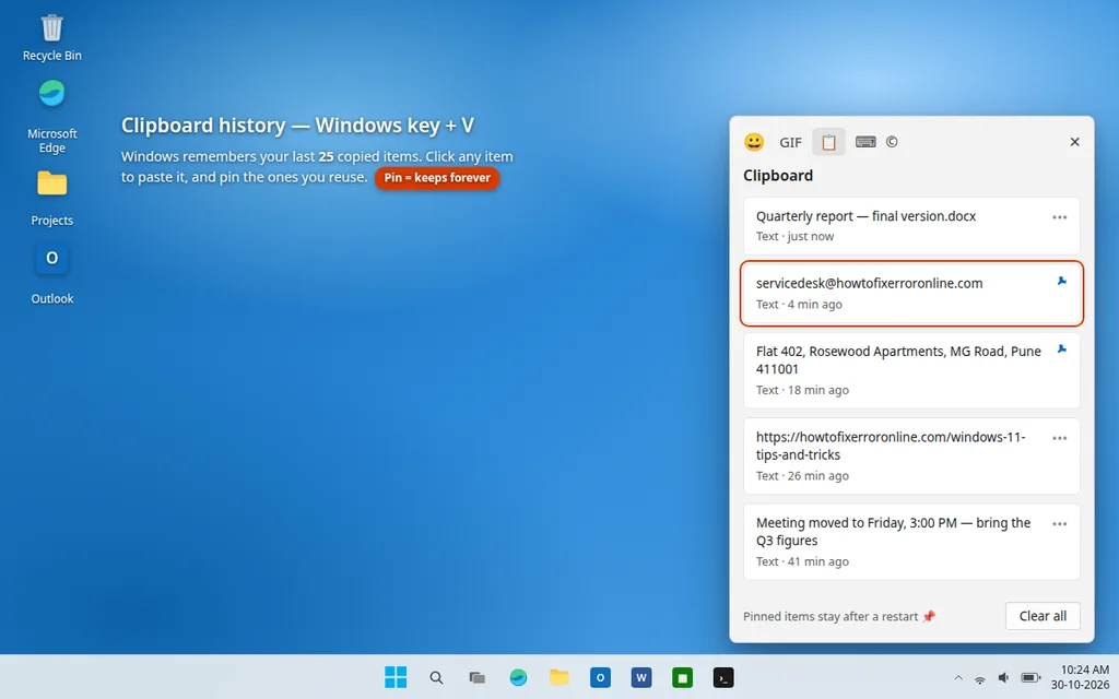 Clipboard history panel in Windows 11 showing copied items with pin icons
