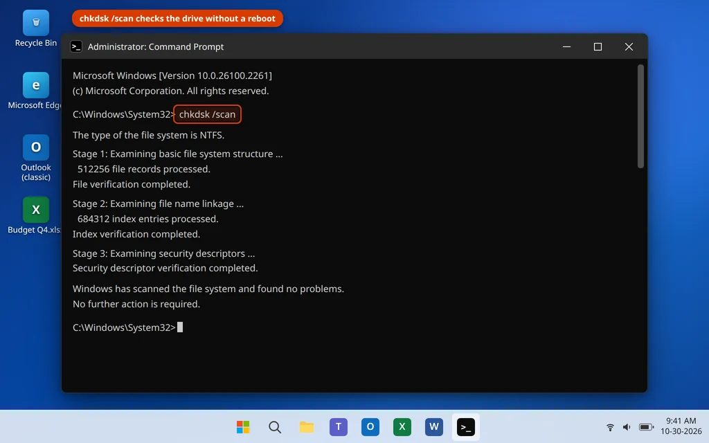 chkdsk /scan checking the C drive file system in an administrator Command Prompt