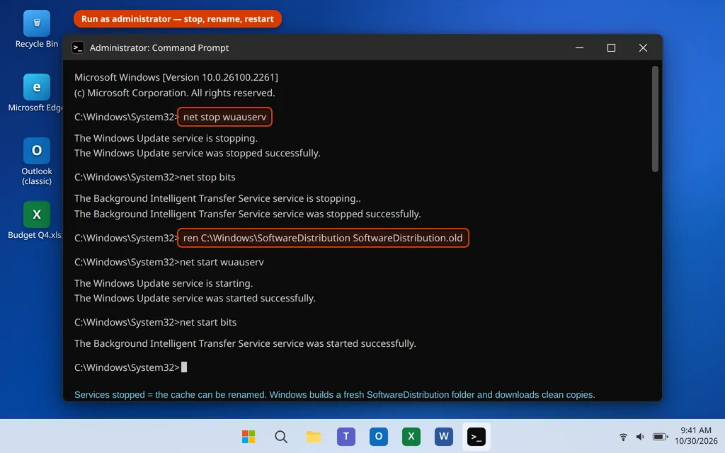 Stopping the Windows Update services and renaming the SoftwareDistribution folder in an administrator Command Prompt