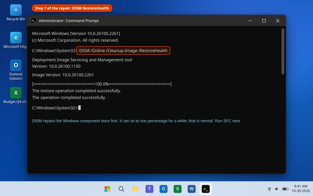 DISM RestoreHealth repairing Windows in an administrator Command Prompt