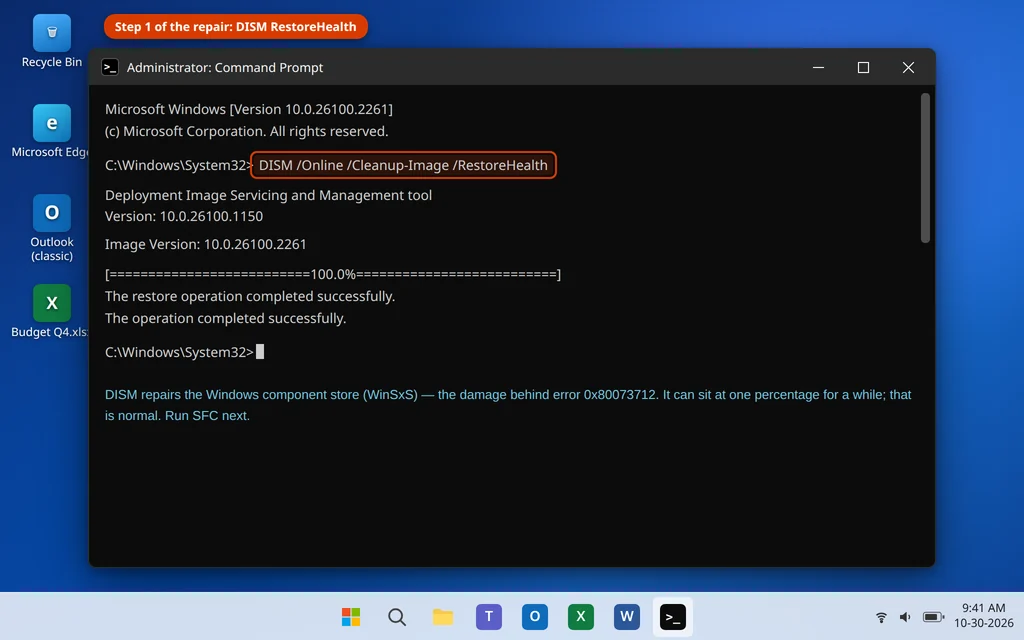 DISM RestoreHealth repairing the Windows component store in an administrator Command Prompt