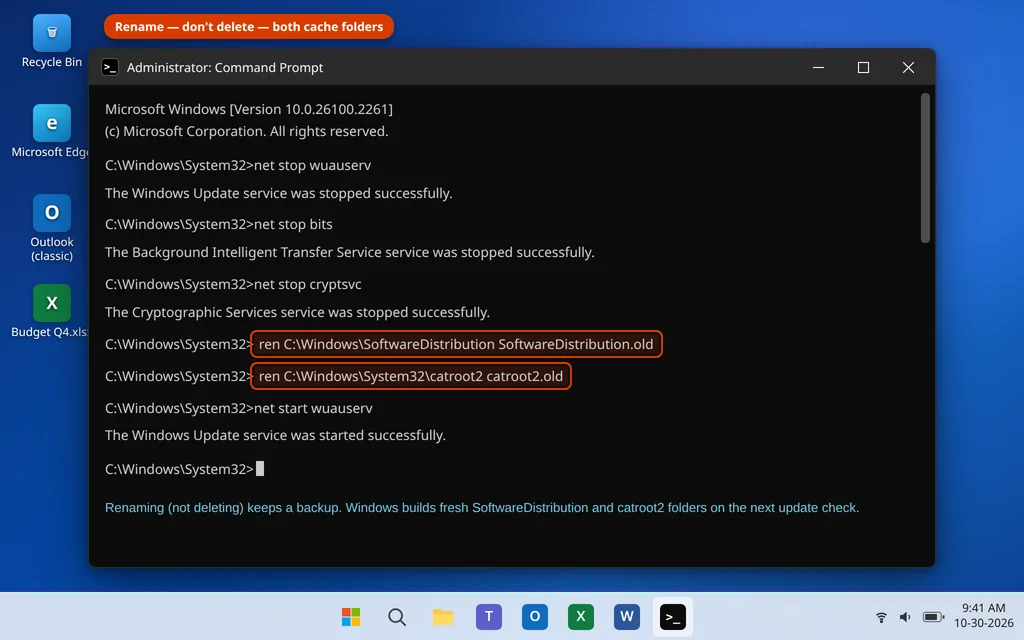 Stopping the update services and renaming SoftwareDistribution and catroot2 in an administrator Command Prompt