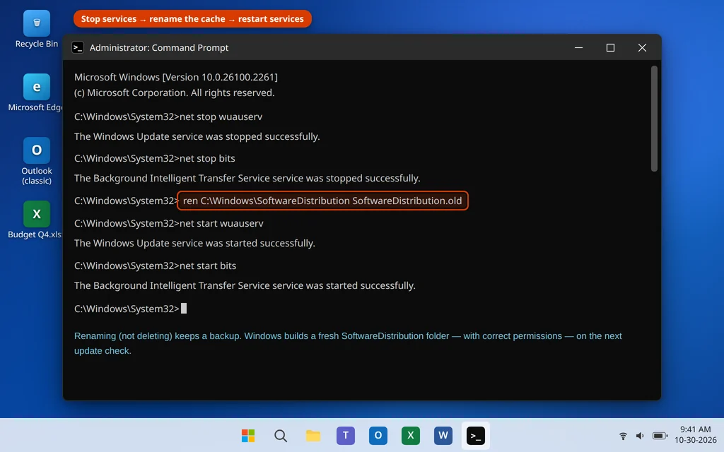 Stopping the wuauserv and bits services and renaming SoftwareDistribution in an administrator Command Prompt