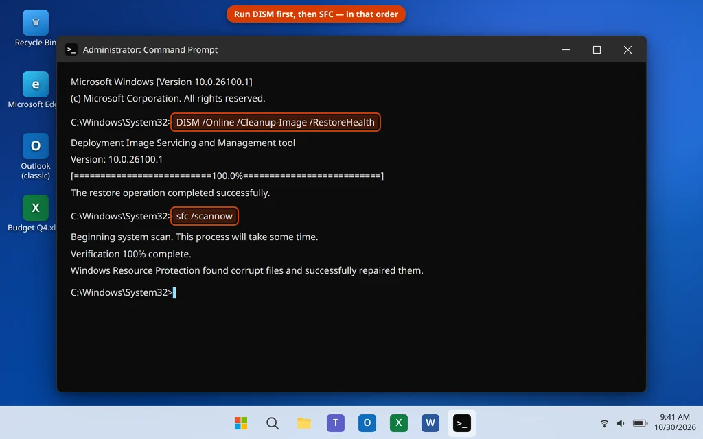 Running DISM RestoreHealth and sfc scannow in administrator Command Prompt to repair a PC slow after a Windows 11 update