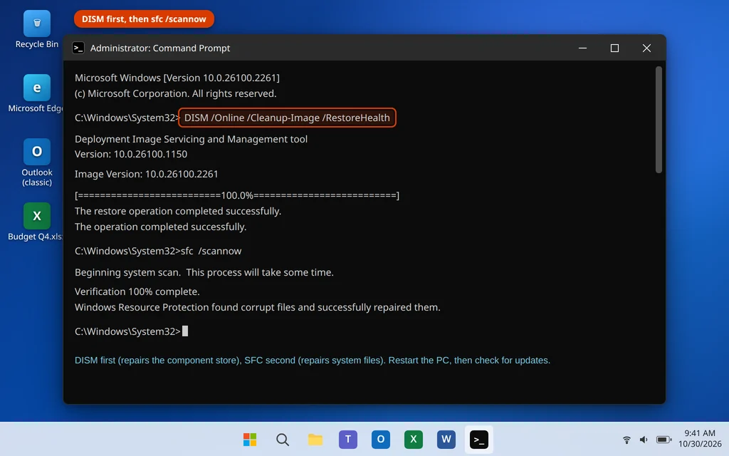 Running DISM RestoreHealth and sfc scannow commands in an administrator Command Prompt