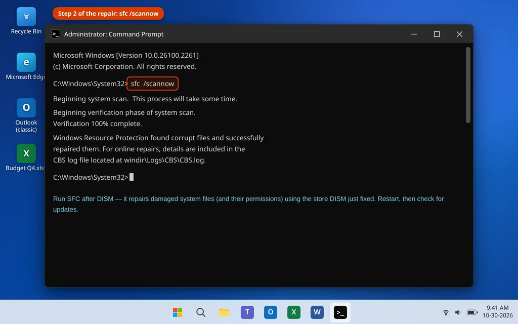 sfc /scannow repairing system files after DISM in an administrator Command Prompt