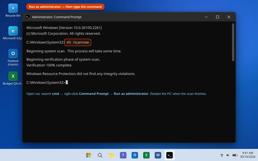 Running sfc /scannow in an administrator Command Prompt to repair Windows files