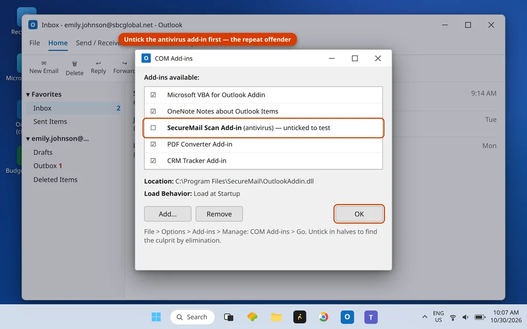 COM Add-ins dialog with an antivirus add-in unticked for testing