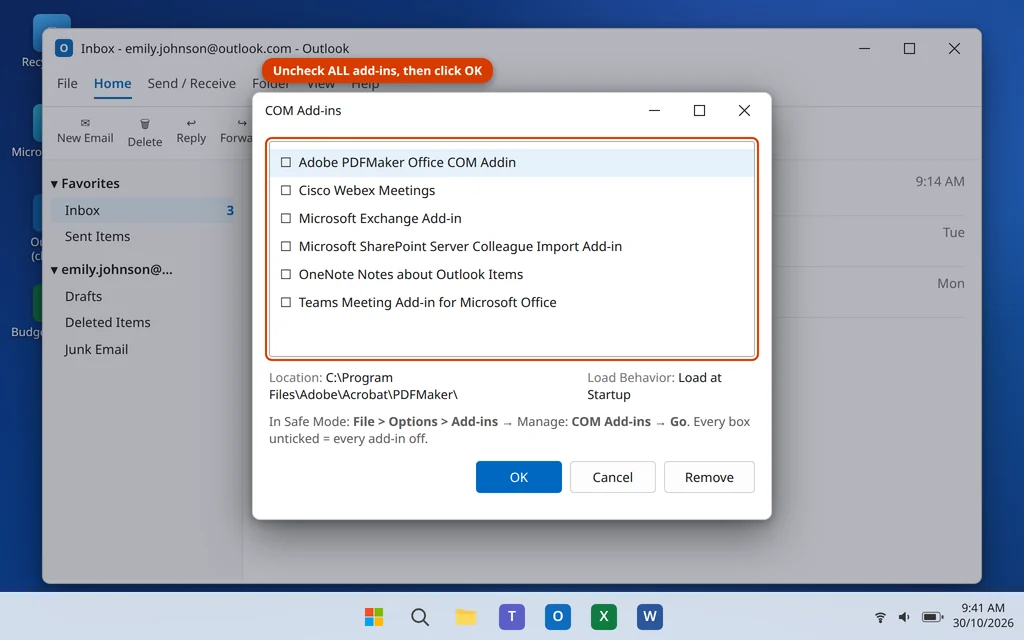 COM Add-ins dialog in Outlook with all add-ins unchecked
