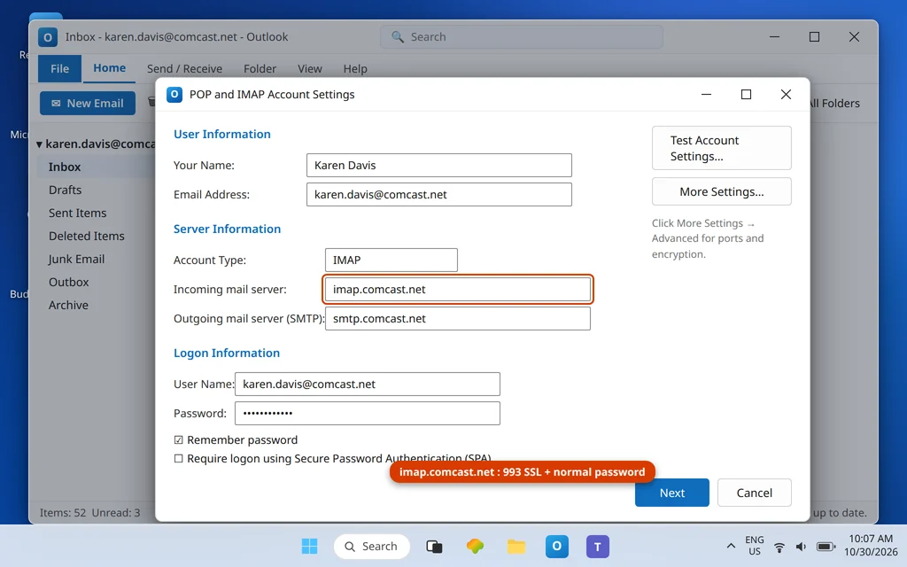Outlook account settings for a comcast.net account showing imap.comcast.net port 993 with SSL and the normal Xfinity password