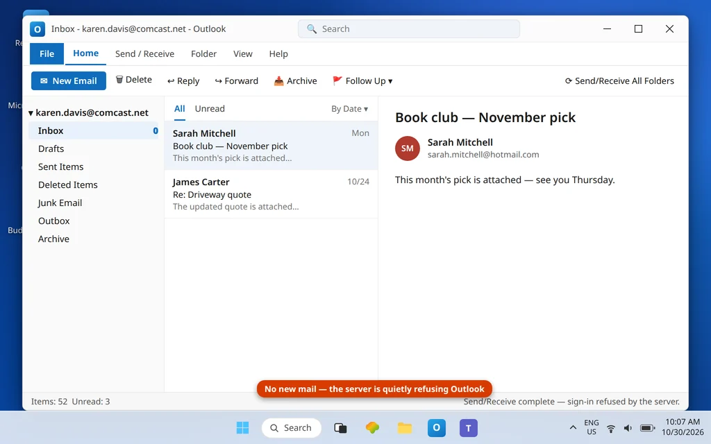Classic Outlook showing the comcast.net inbox stuck with no new mail while the account sign-in is refused