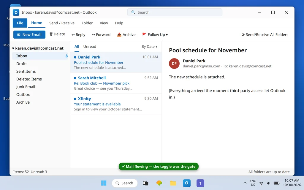 Classic Outlook comcast.net inbox up to date with new mail received after enabling third-party access in Xfinity settings