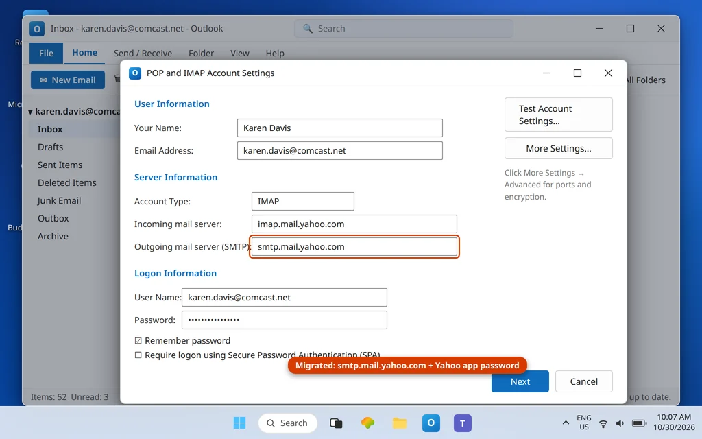 Outlook account settings for a migrated Comcast account with the outgoing server changed to smtp.mail.yahoo.com and a Yahoo app password