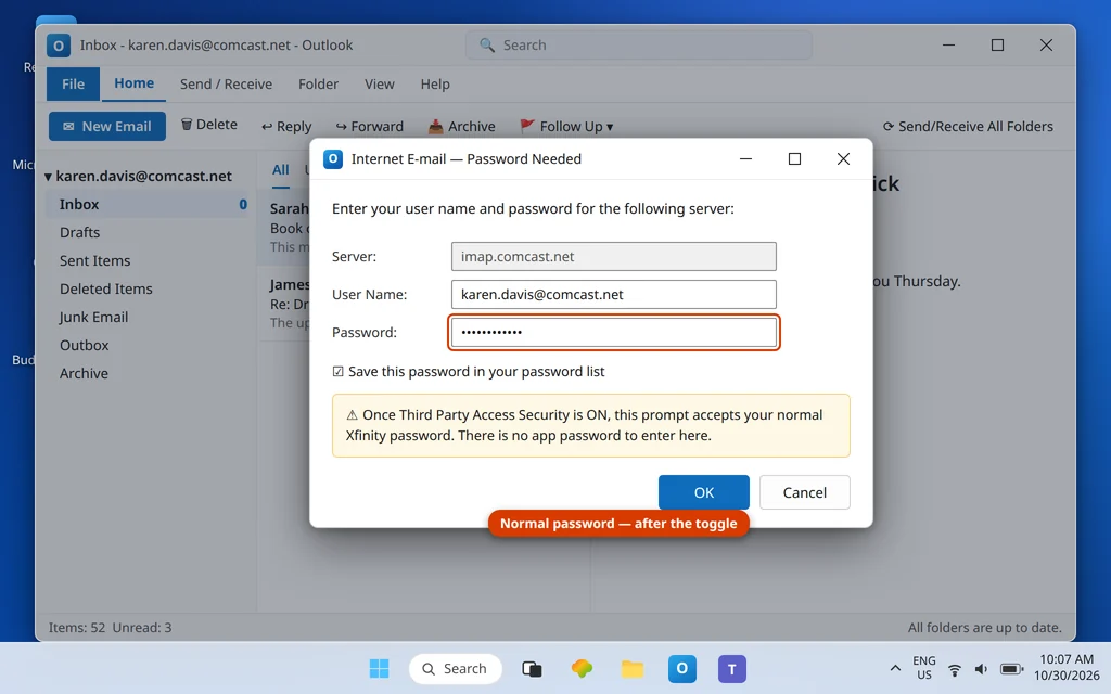 Outlook password prompt for imap.comcast.net which accepts the normal Xfinity password once the Third Party Access Security toggle is on