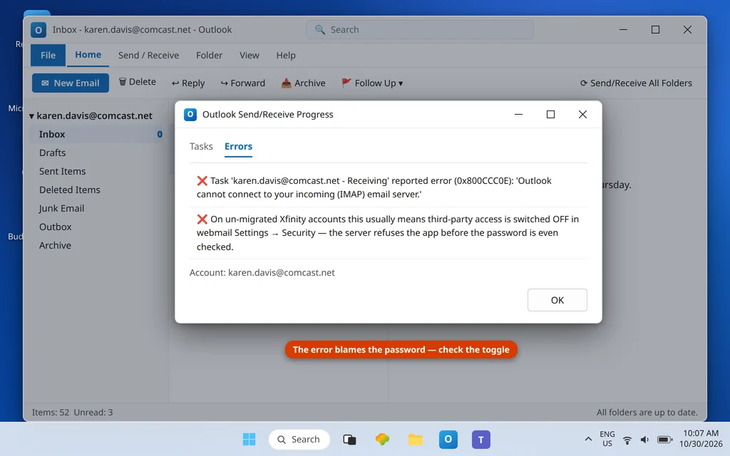 Outlook Send Receive errors tab showing the comcast.net receiving task failing before the Third Party Access Security toggle was enabled