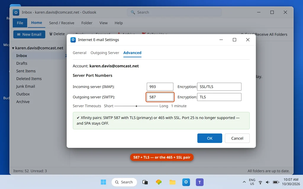 Outlook Advanced settings showing the Comcast outgoing server smtp.comcast.net on port 587 with TLS encryption